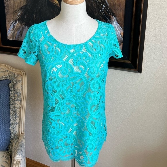 Lily Pulitzer Turquoise Lace Top Size XS Back Zip Puff Sleeve - Picture 3 of 11